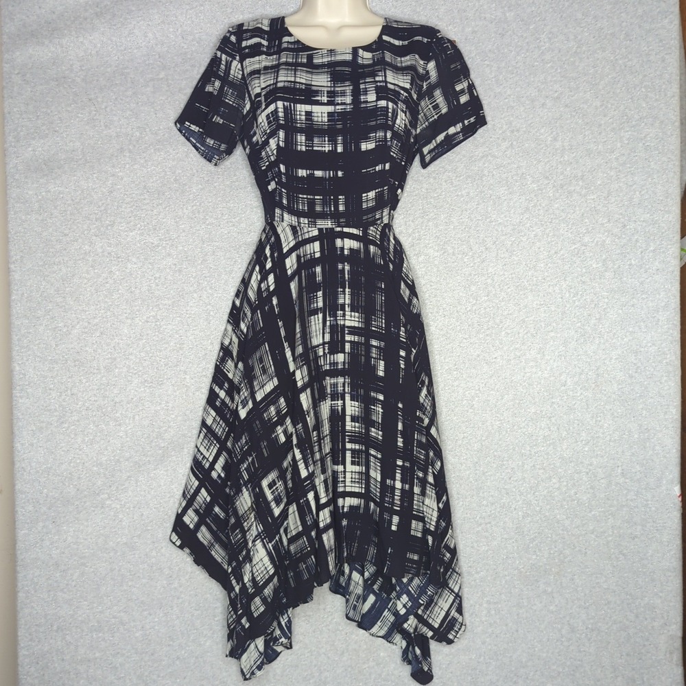 Corey Lynn Calter Painted Dress 4 Black White Plaid‎ Fit & Flare Asymmetrical